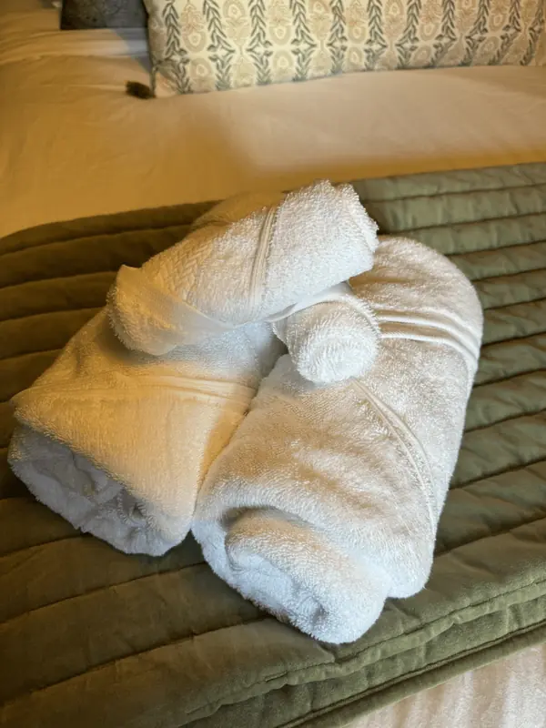 Close-up of white towels rolled and arranged on a bed